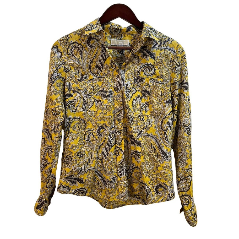 Michael Kors Womens Blouse Small S Yellow Art Nouveau Print Long Sleeve Button
